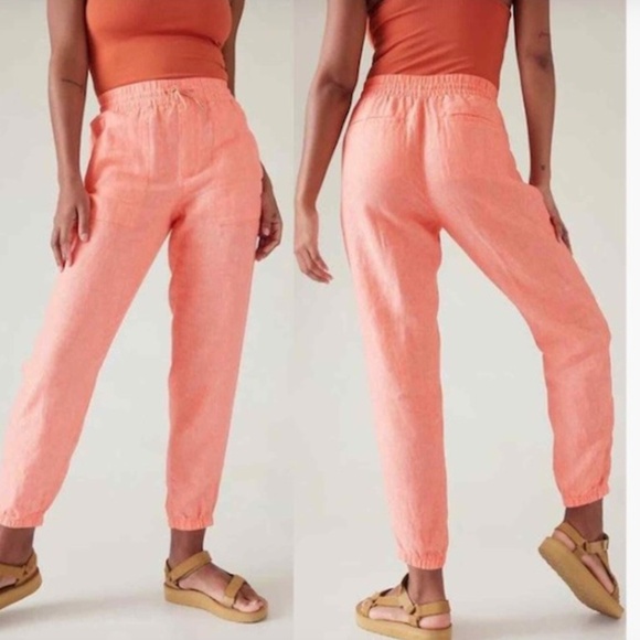 Athleta Retreat 100% Linen Sunset Glow Orange Jogger pants NWOT Size 8 - Picture 1 of 13